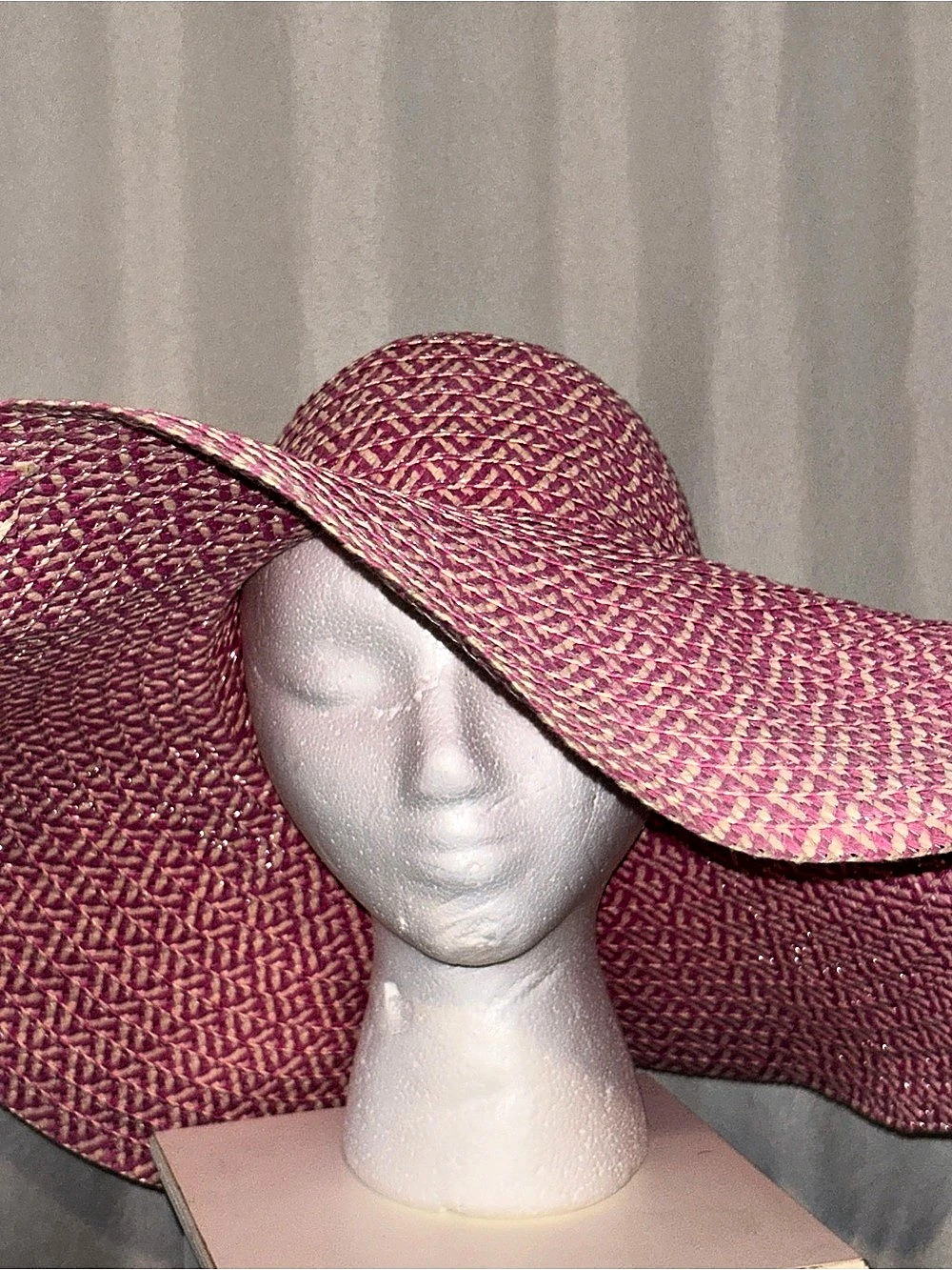 Pink & Beige Woven Chevron Wide Brim Floppy Sun Hat